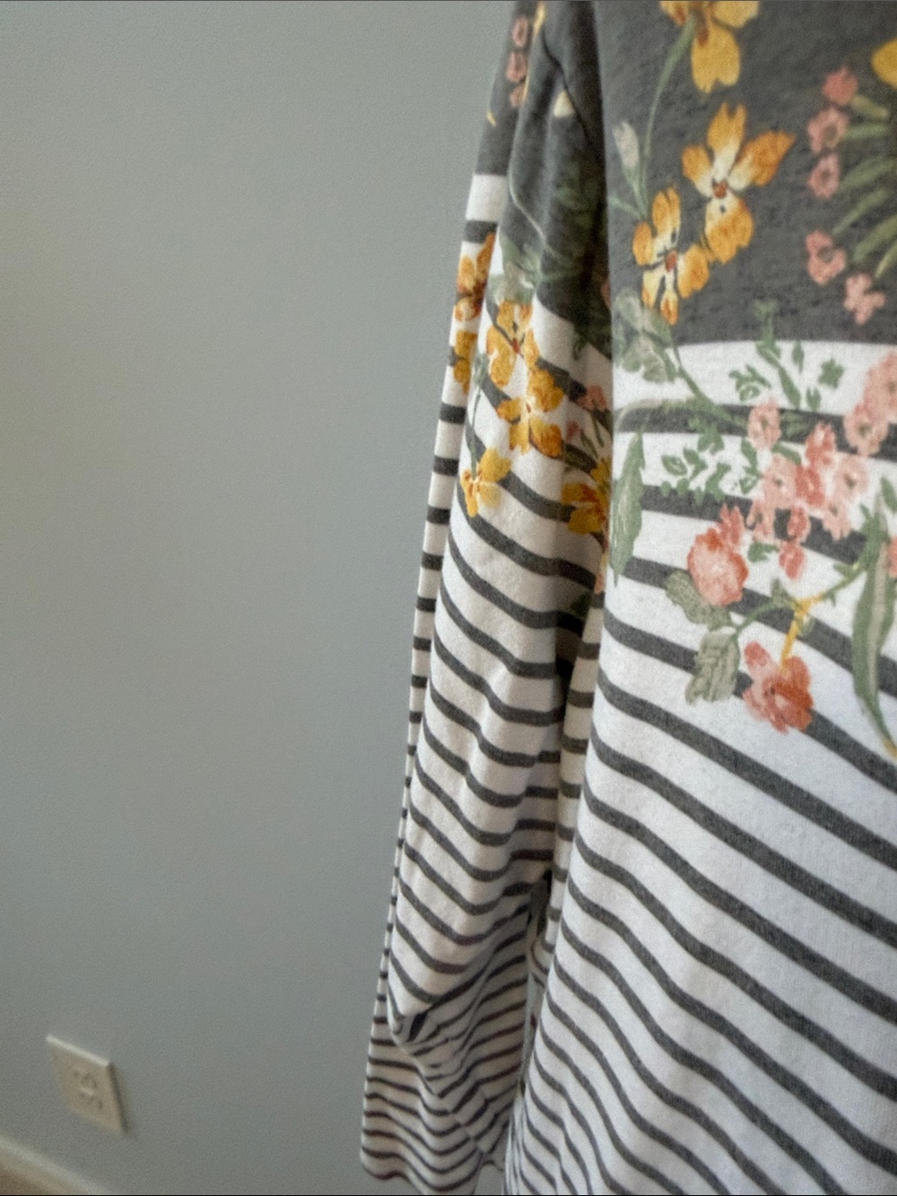 Striped Grey & White Floral-Accent Women's Long Sleeve Top - Picture 3 of 4